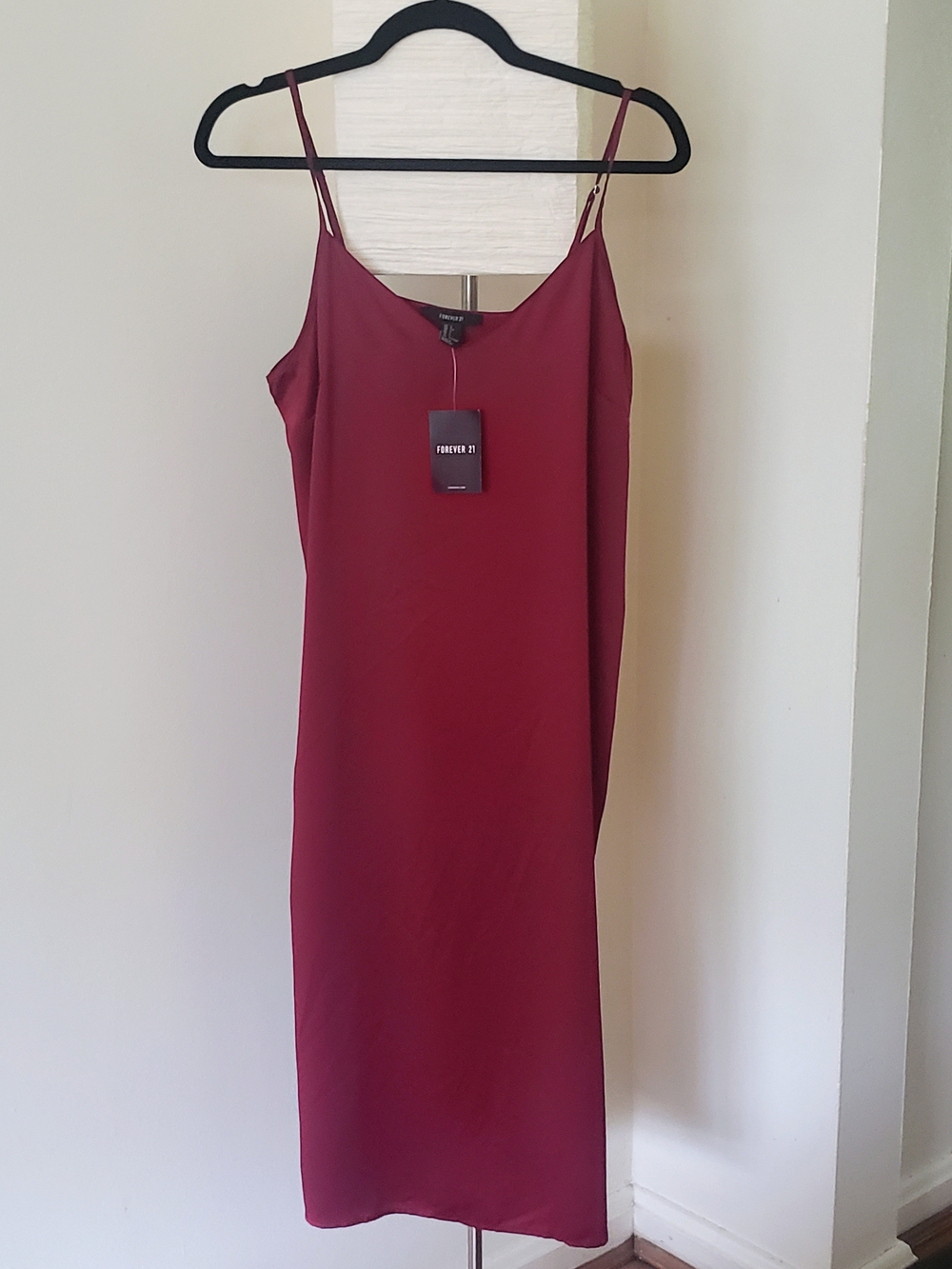 Forever 21 Burgundy Satin Slip Midi Dress Spaghetti Straps Size Large